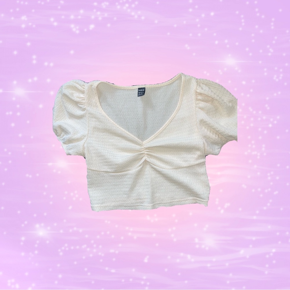 SHEIN, Beige, Puff sleeve ruched bust crop top, M